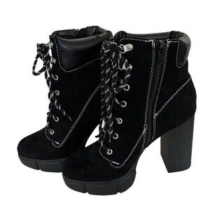 SODA Black Lace Boots Vegan Suede Zipper White Stitching Womens Size 8